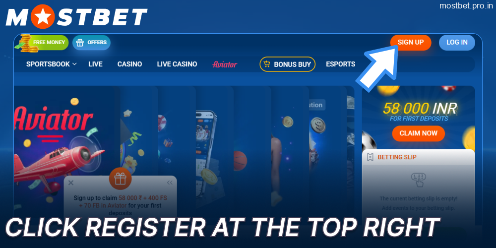 Click Register on the Mostbet website