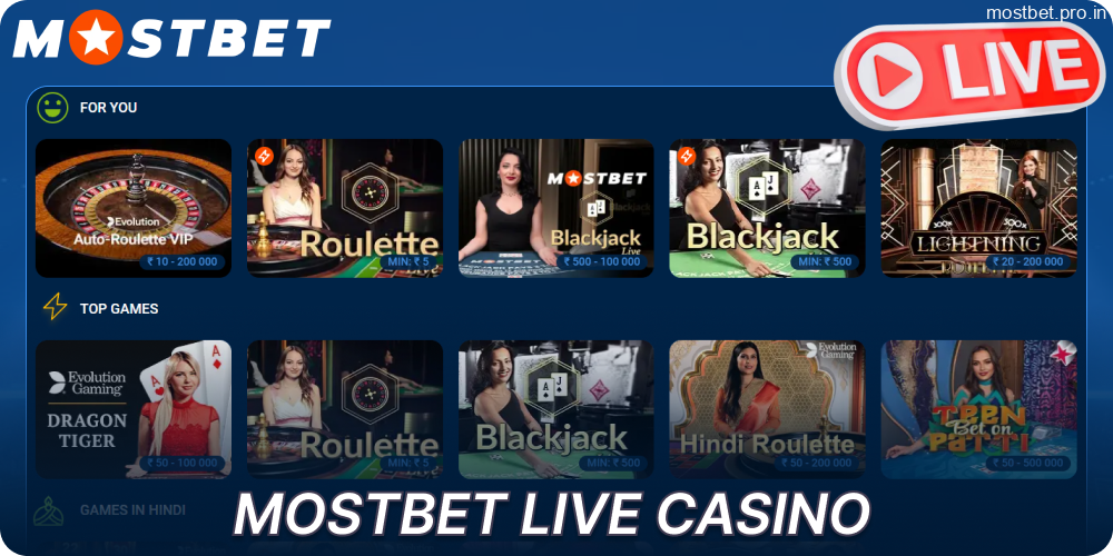 Live casino games available on Mostbet for players from India